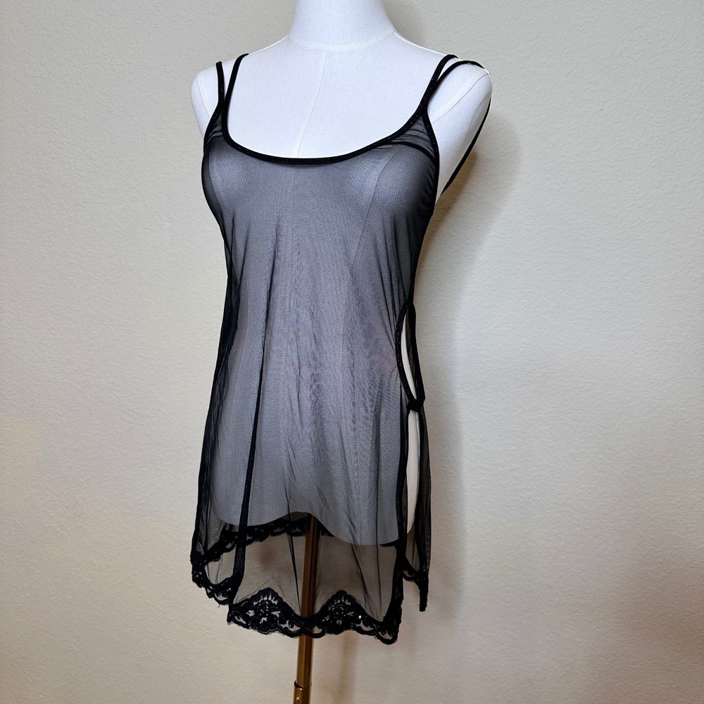 Victoria's Secret Black Sheer Mesh Beaded Cutout Chemise Vintage Y2K Med Whimsi